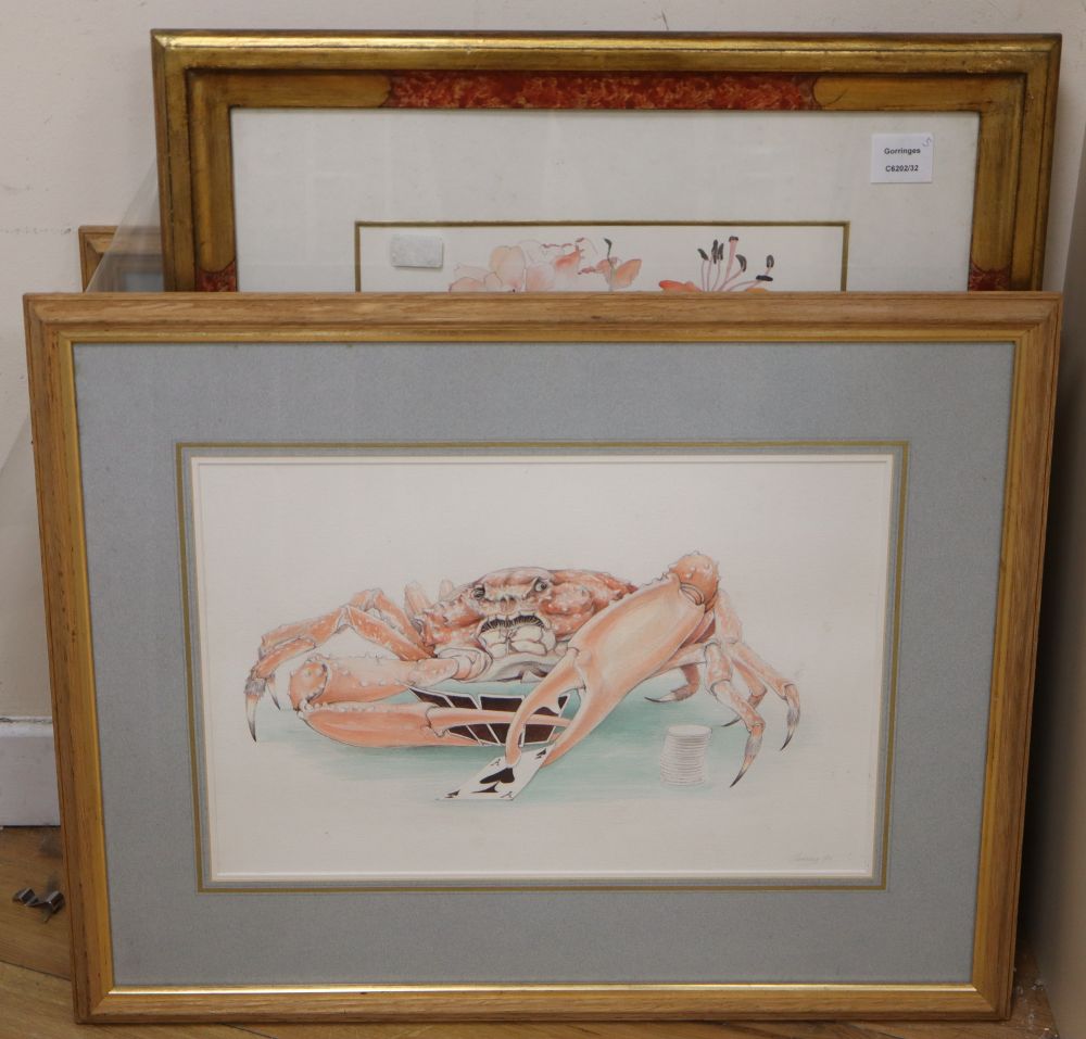 Willy Fielding, watercolour and ink, Crab playing poker, signed and dated 90, 29 x 45cm, and four other pictures
